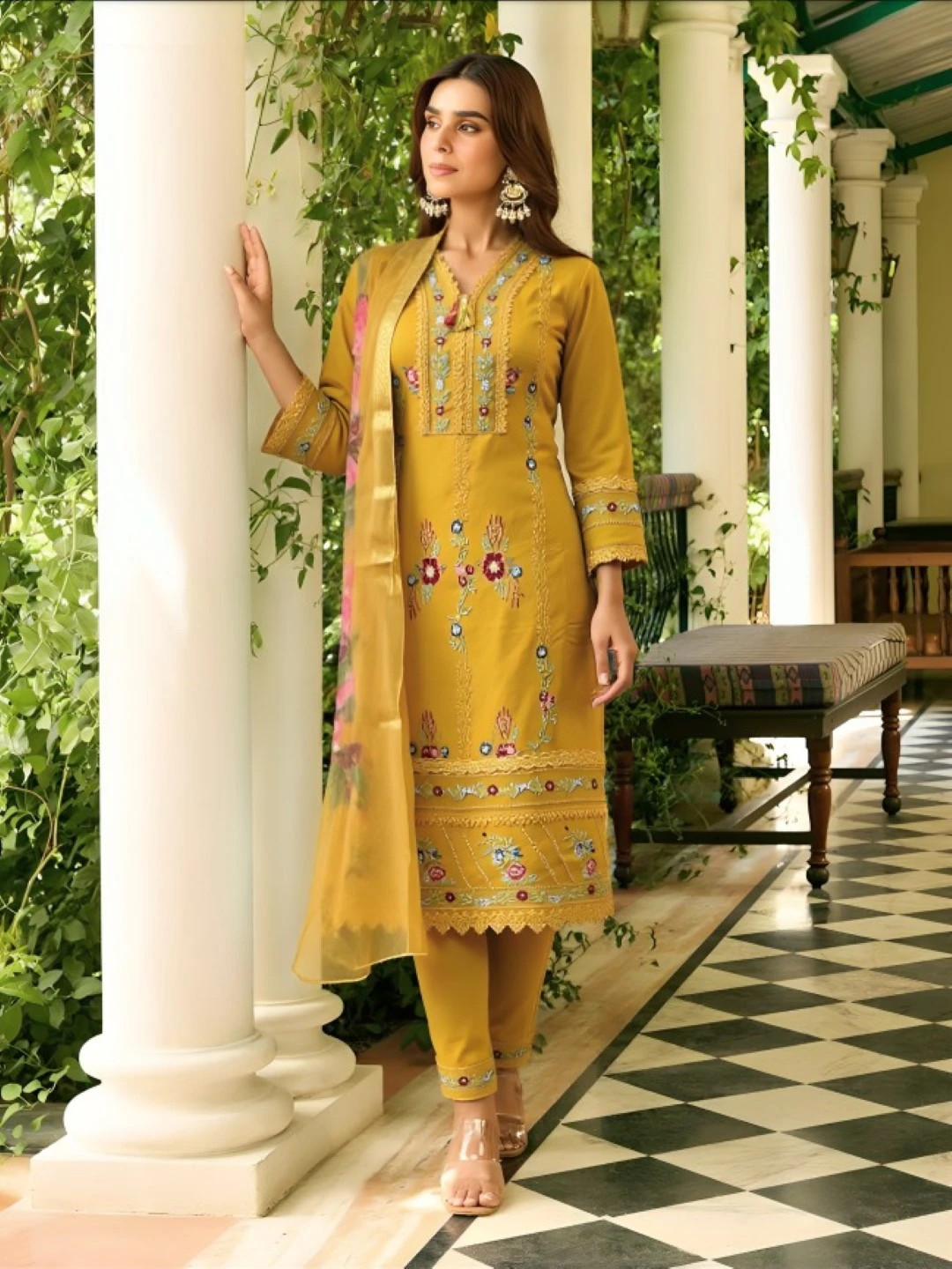 mustard silk heavy embroidered kurta(set)