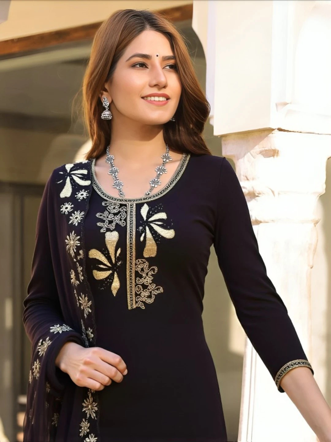 black embroidered dupatta set(silk)