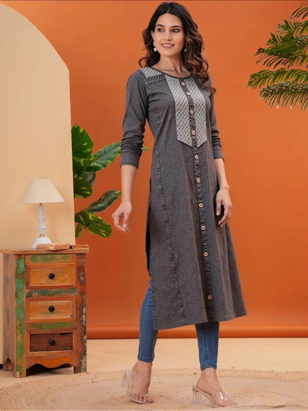 rayon dark grey long kurti(7320)