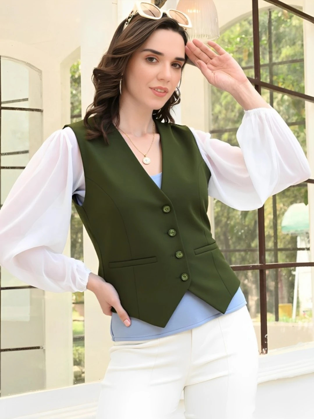 women olive waistcoat(3501)