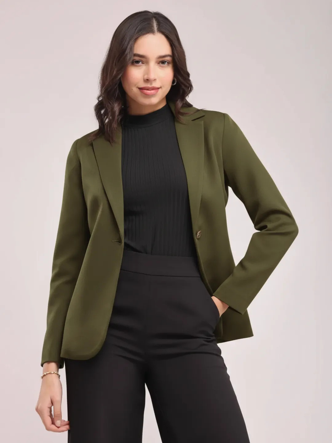 women olive green single button formal blazer