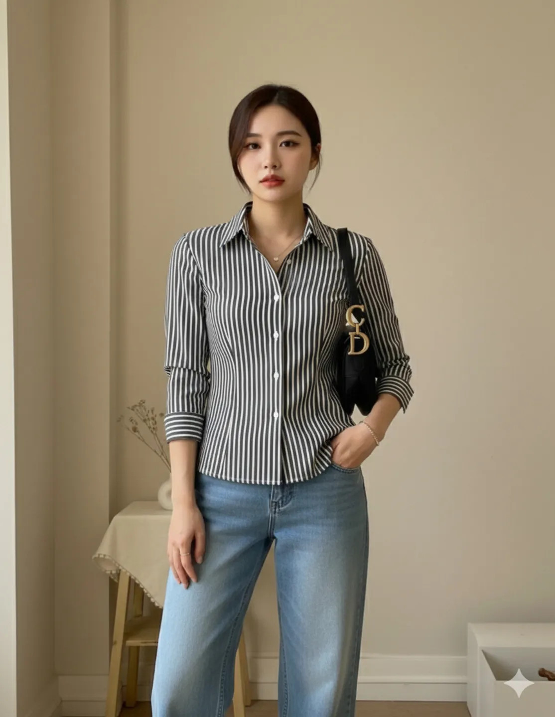 women grey vertical stripe lace up back shirt