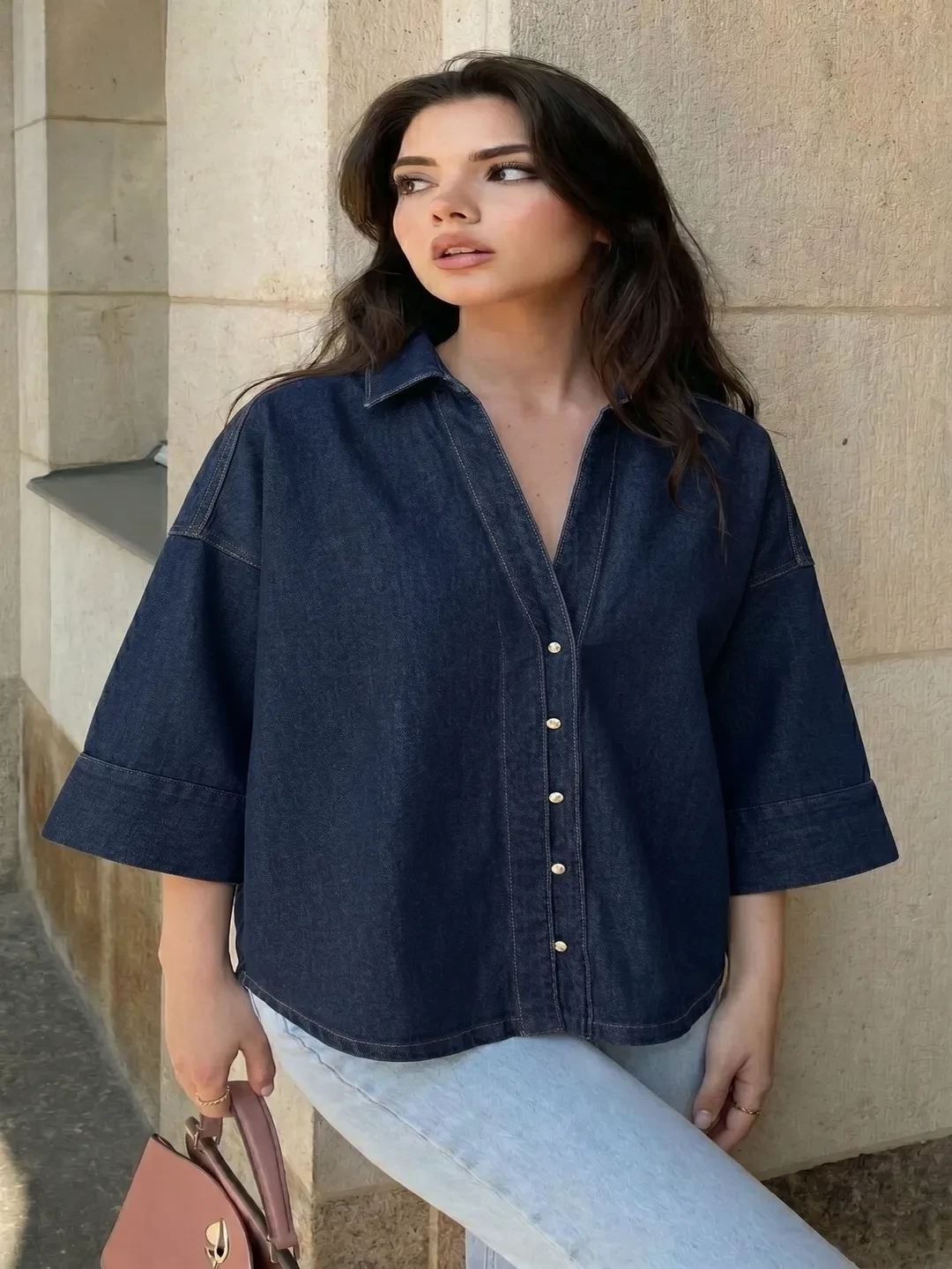 womens solid blue denim shirt