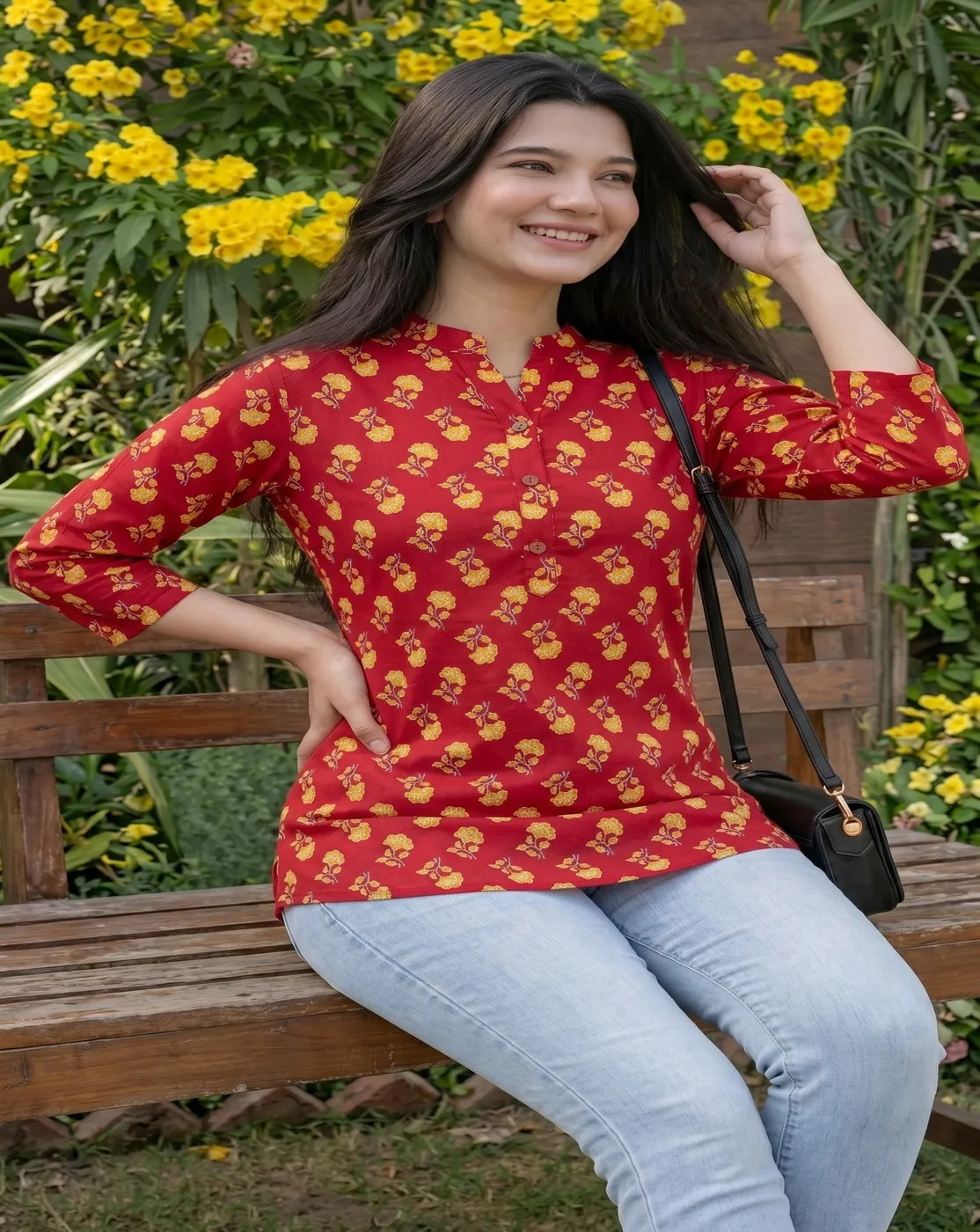 red block printed kurti top
