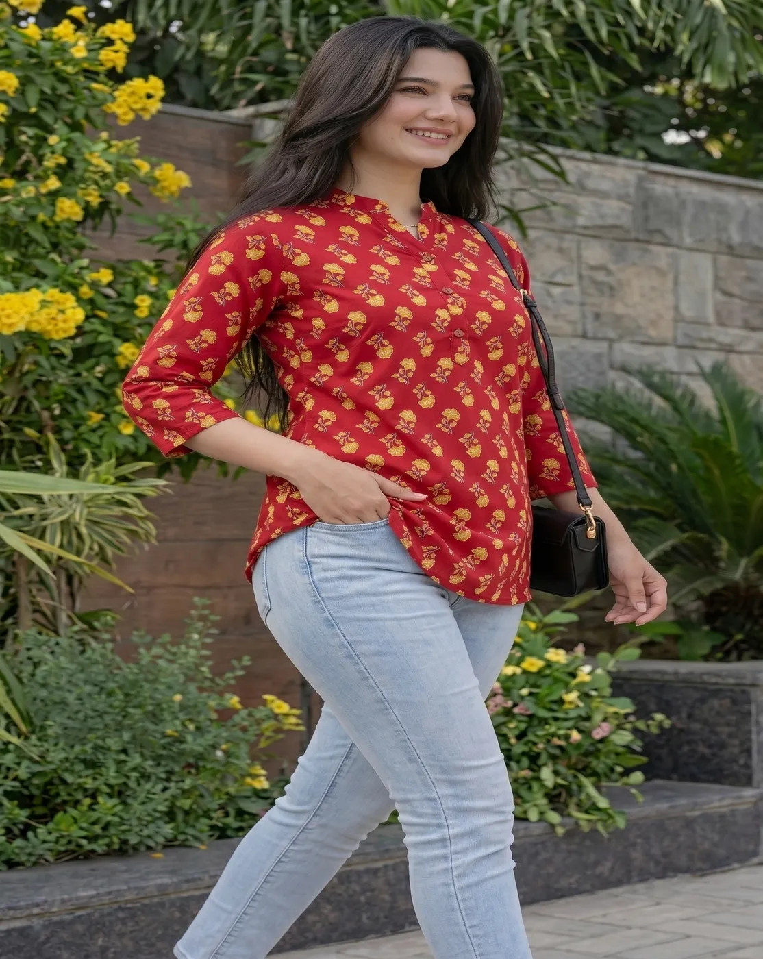 red block printed kurti top
