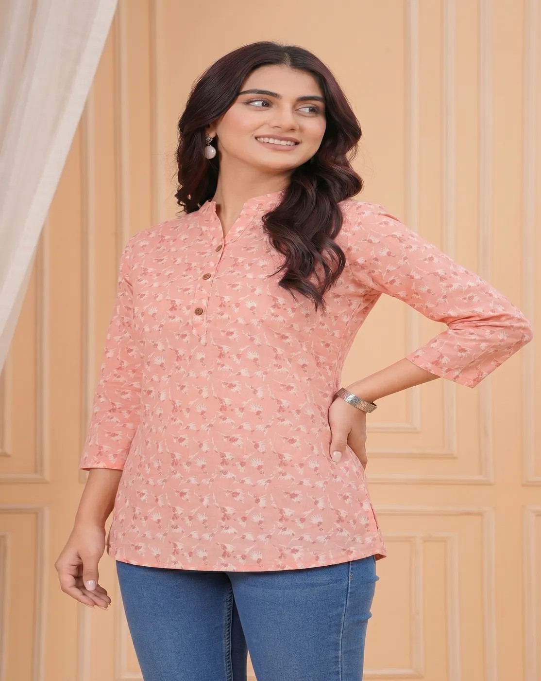pastel pink floral printed kurti top