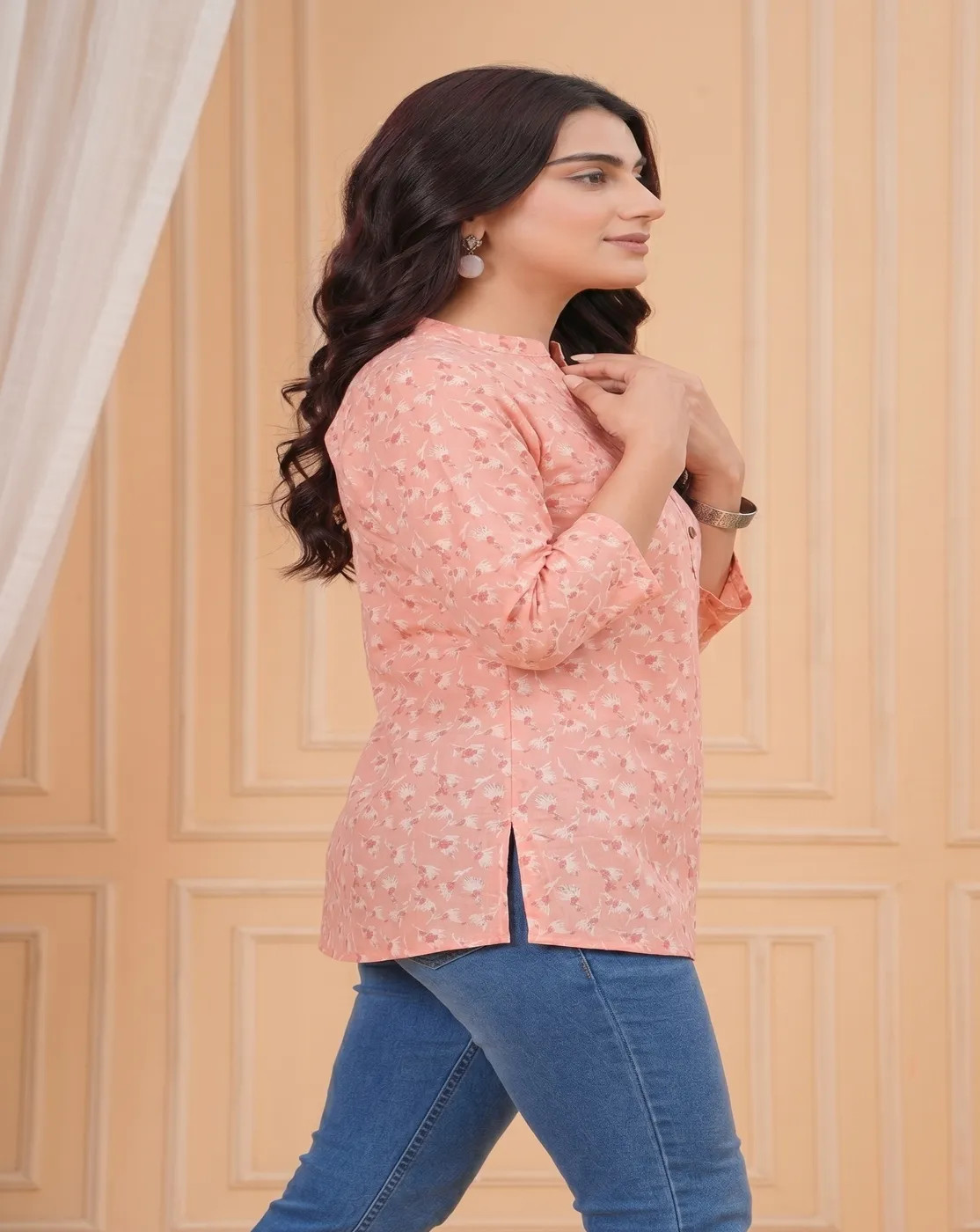 pastel pink floral printed kurti top