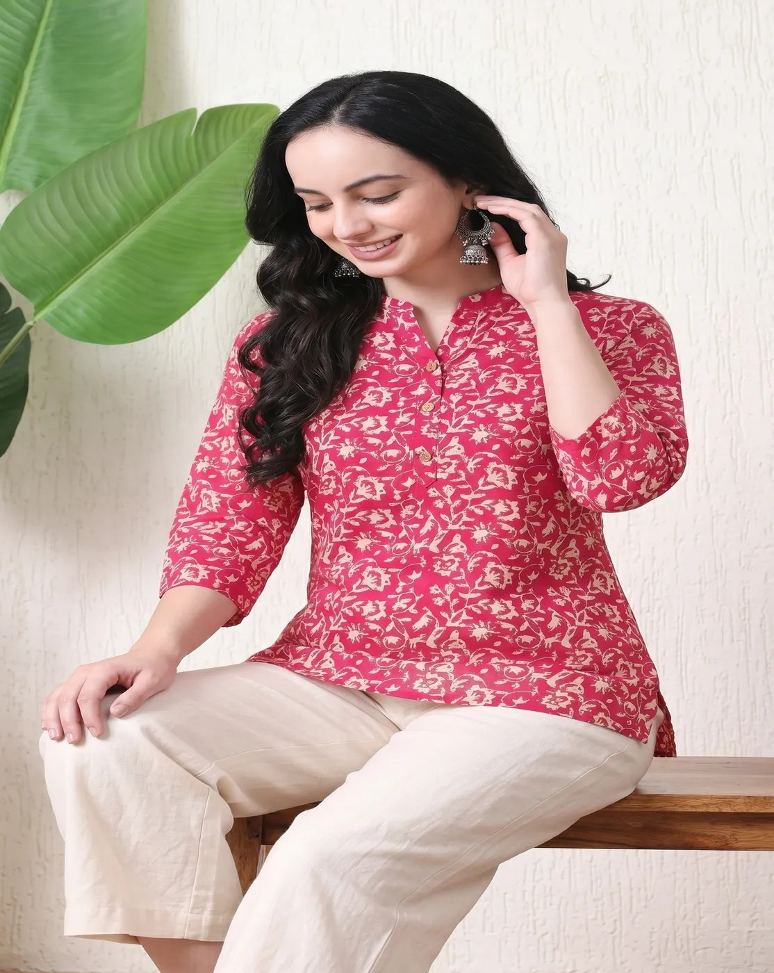 magenta pink floral printed bell sleeve kurti top