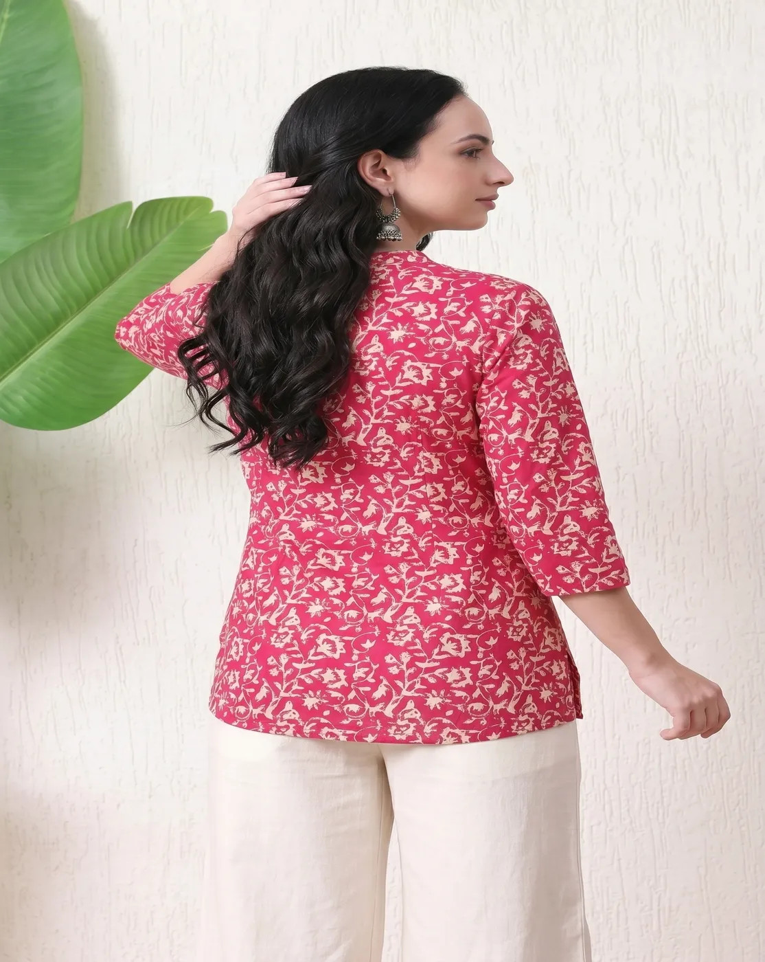 magenta pink floral printed bell sleeve kurti top