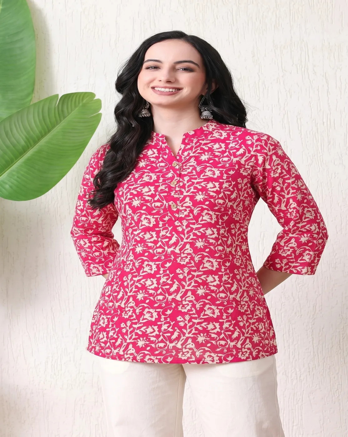 magenta pink floral printed bell sleeve kurti top