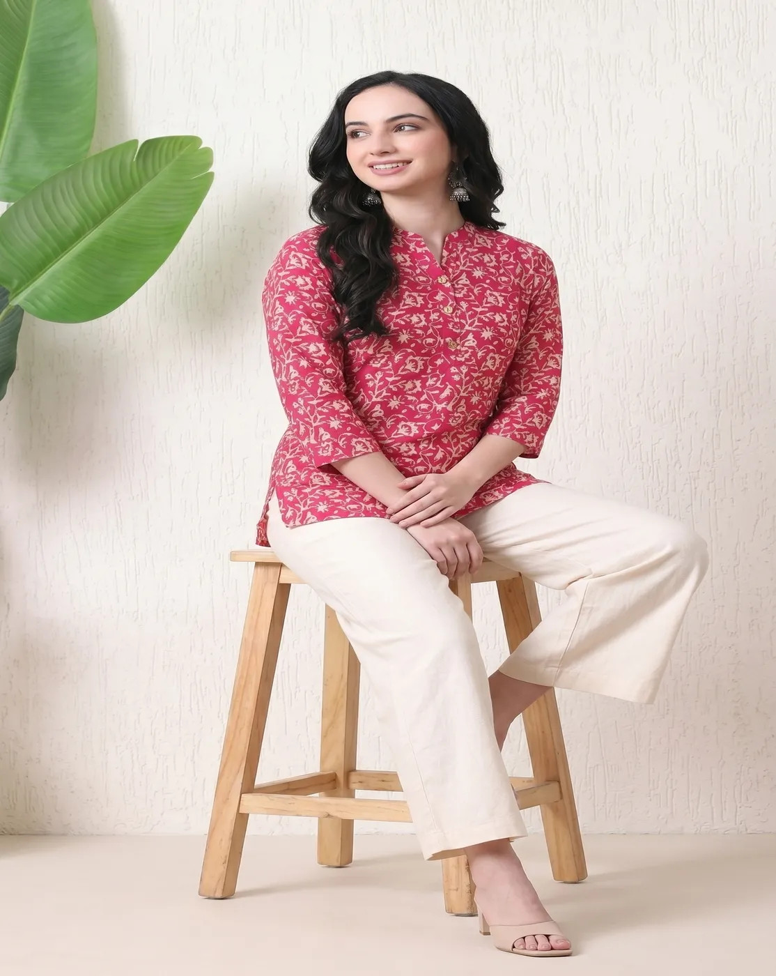 magenta pink floral printed bell sleeve kurti top