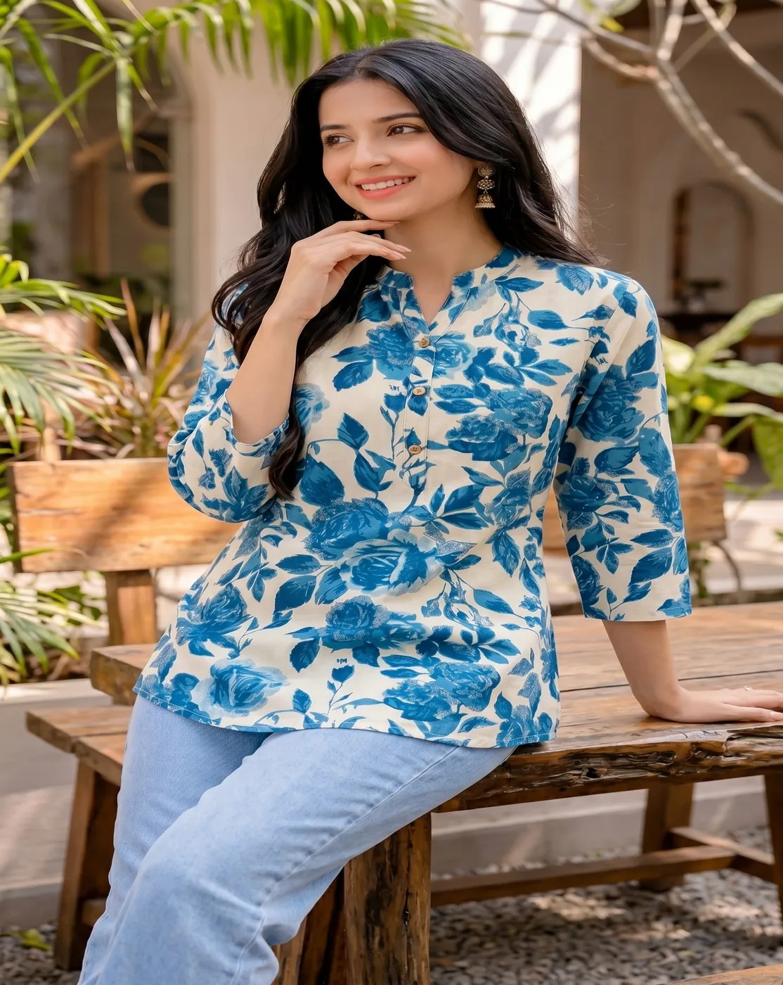 white blue floral printed kurti top