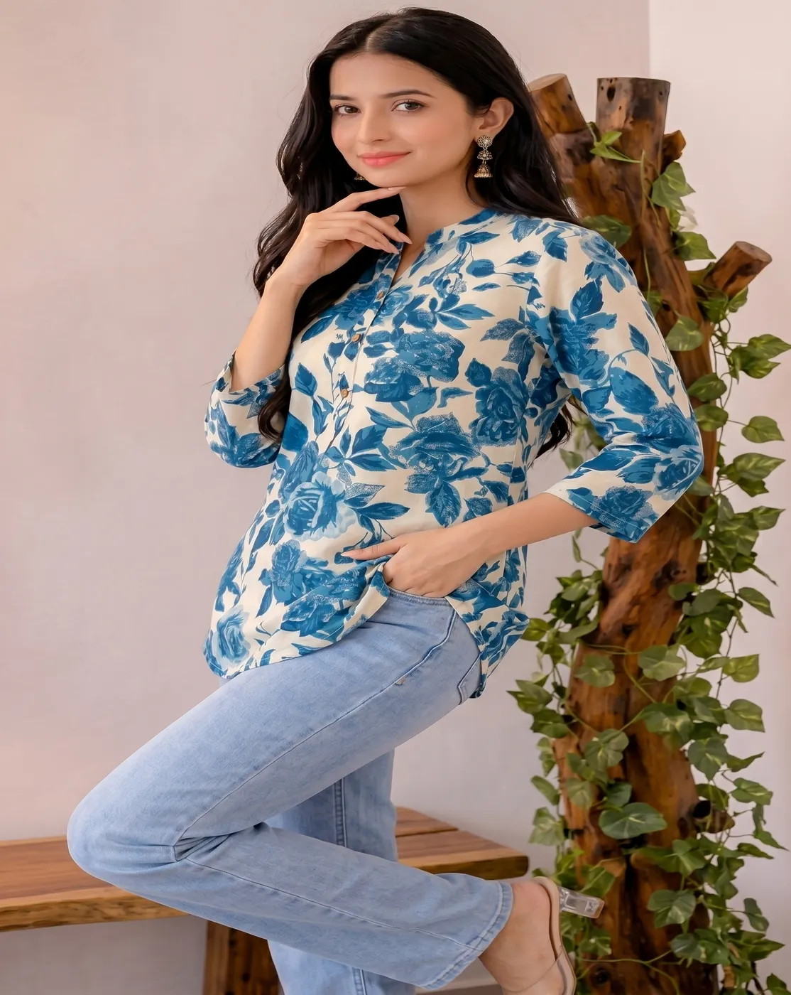 white blue floral printed kurti top