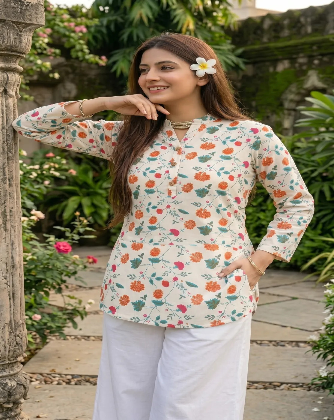 white multicolor floral printed kurti top