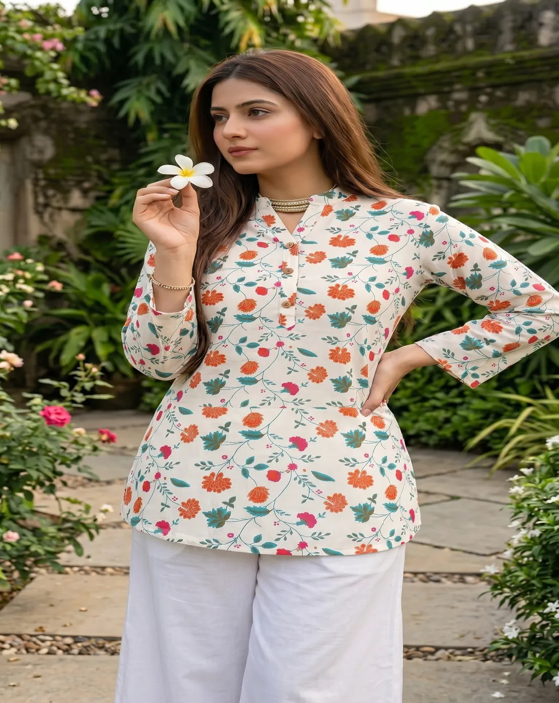 white multicolor floral printed kurti top