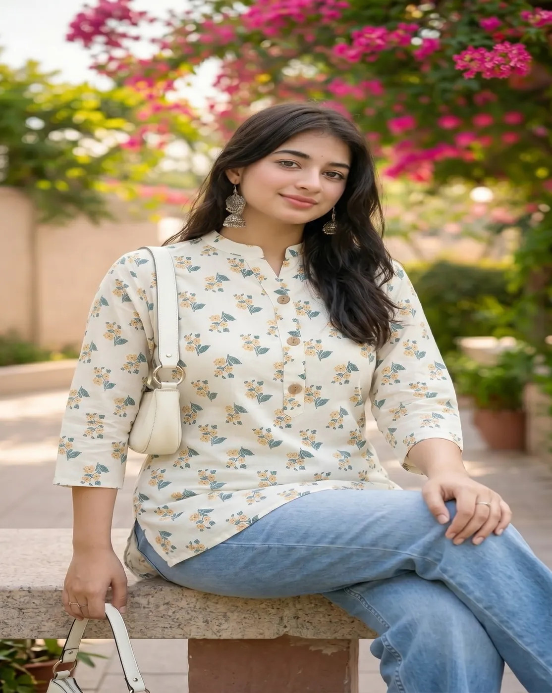off white collar printed kurti top
