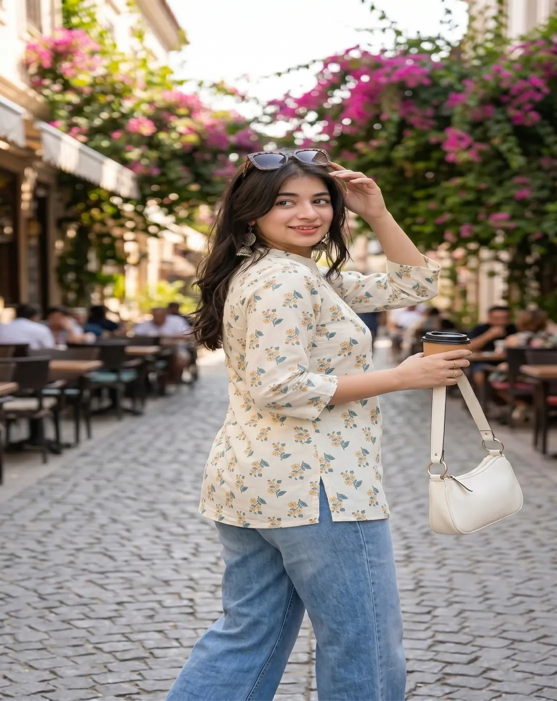 off white collar printed kurti top