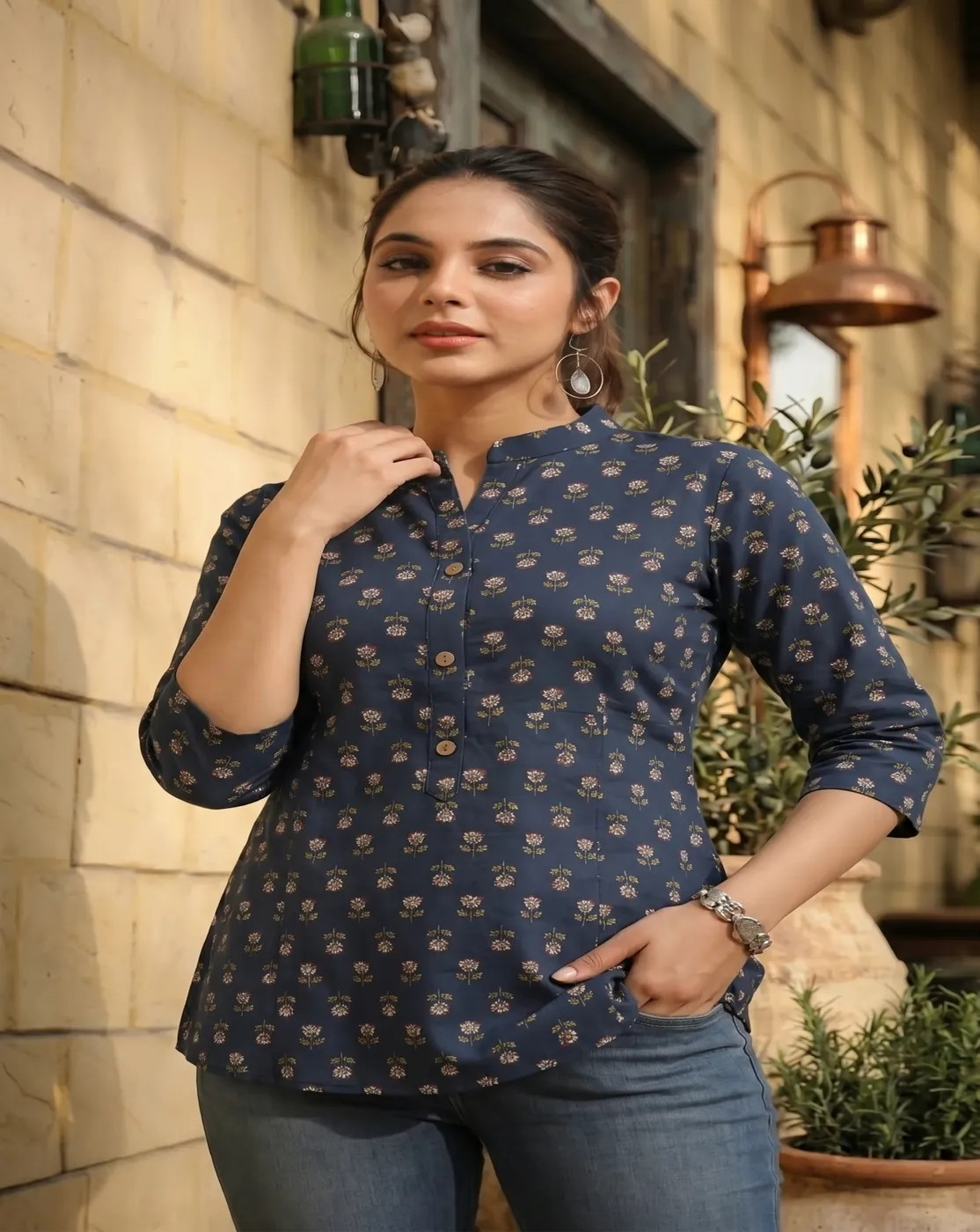 navy blue printed kurti top