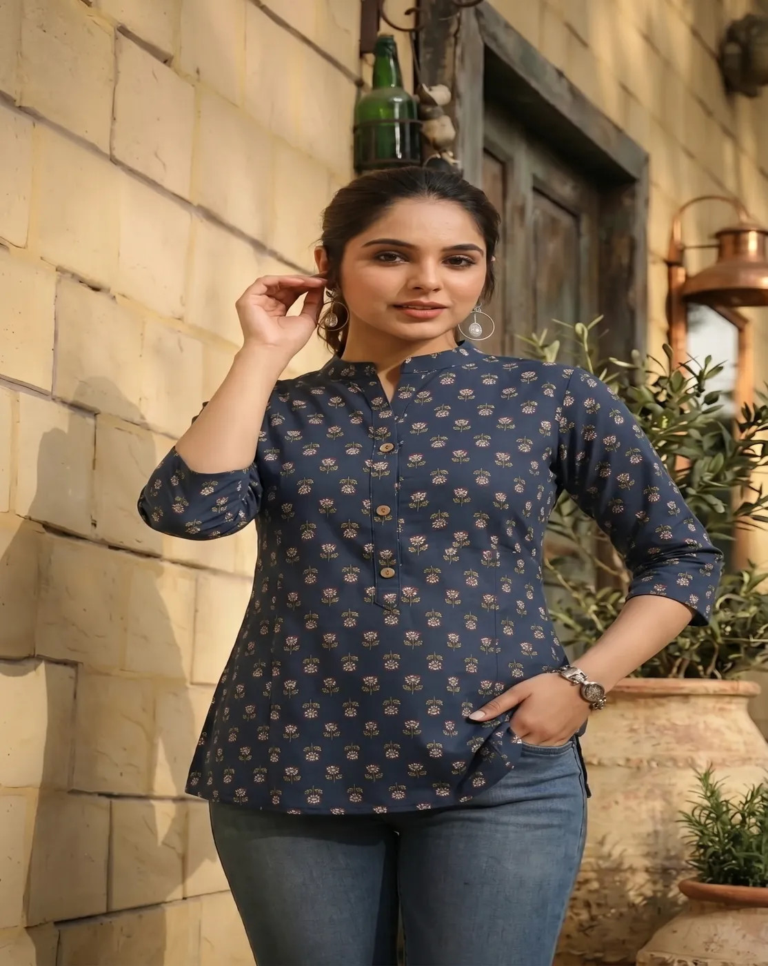 navy blue printed kurti top