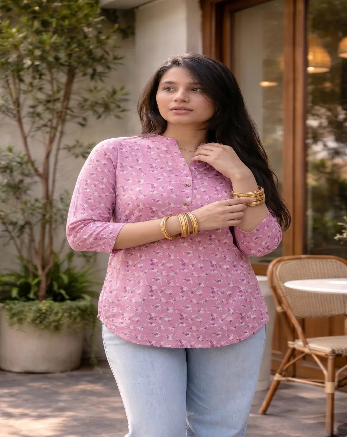 pink white floral printed short kurti top