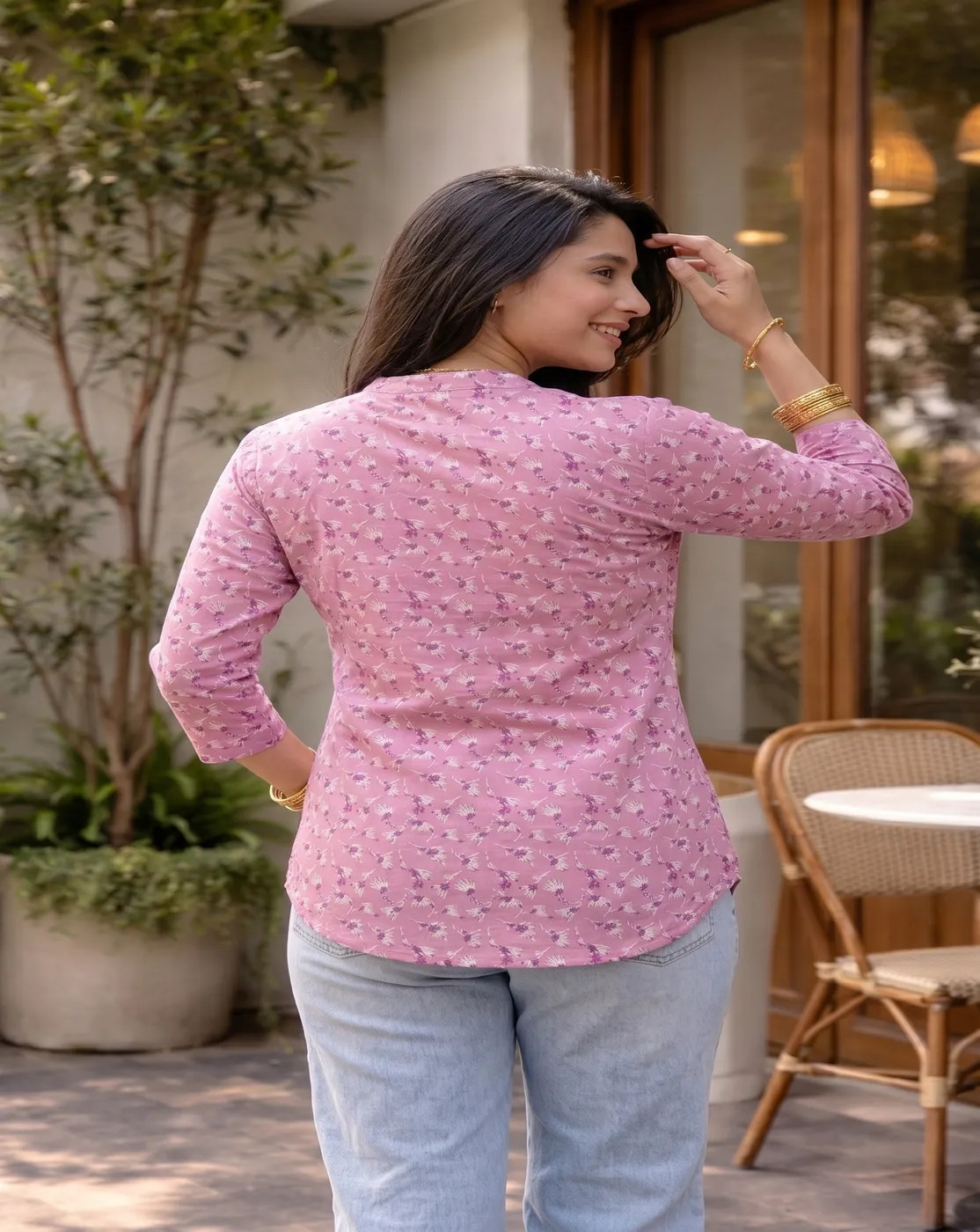 pink white floral printed short kurti top