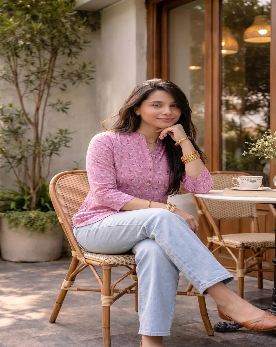 pink white floral printed short kurti top