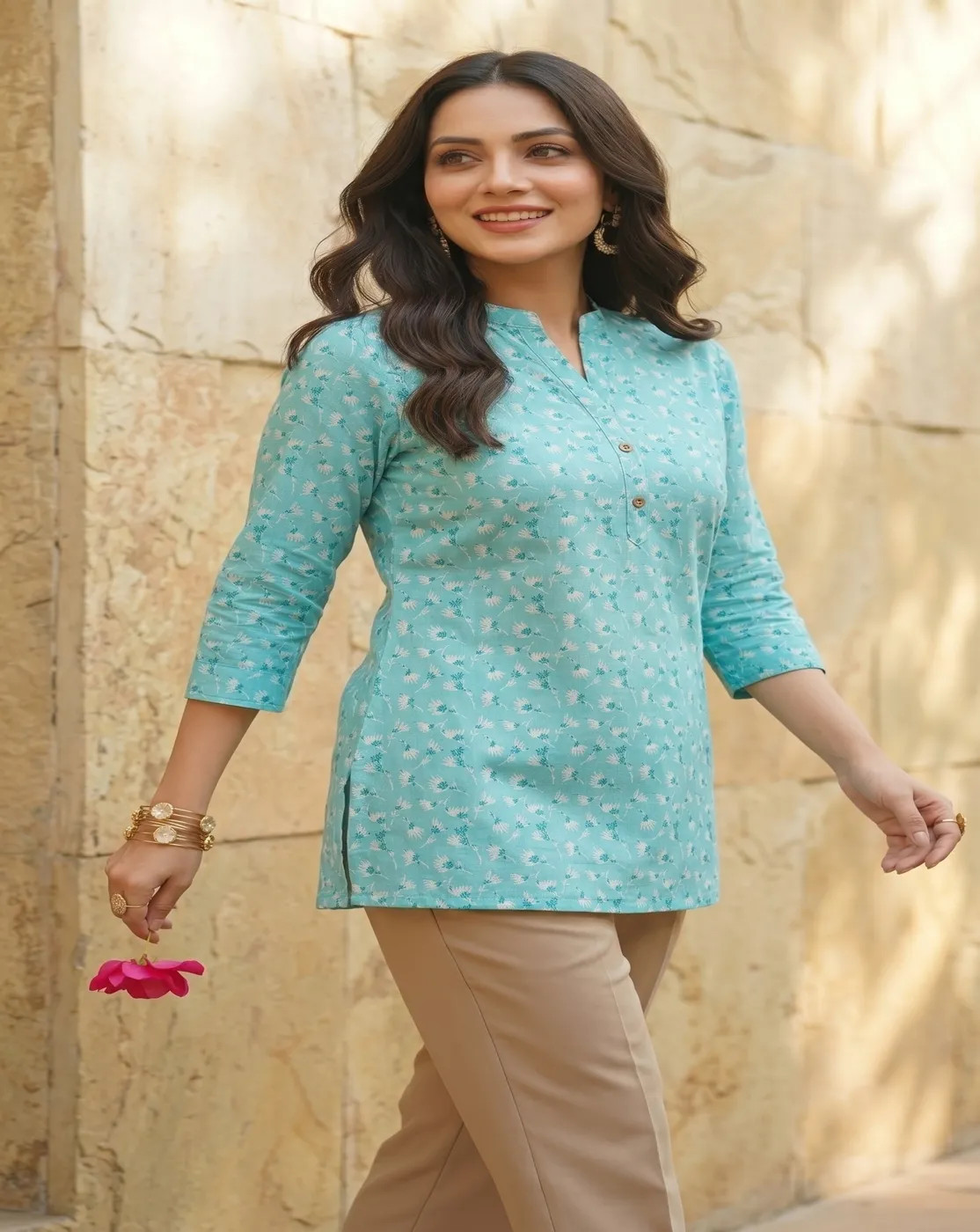 aqua blue floral printed short kurti top