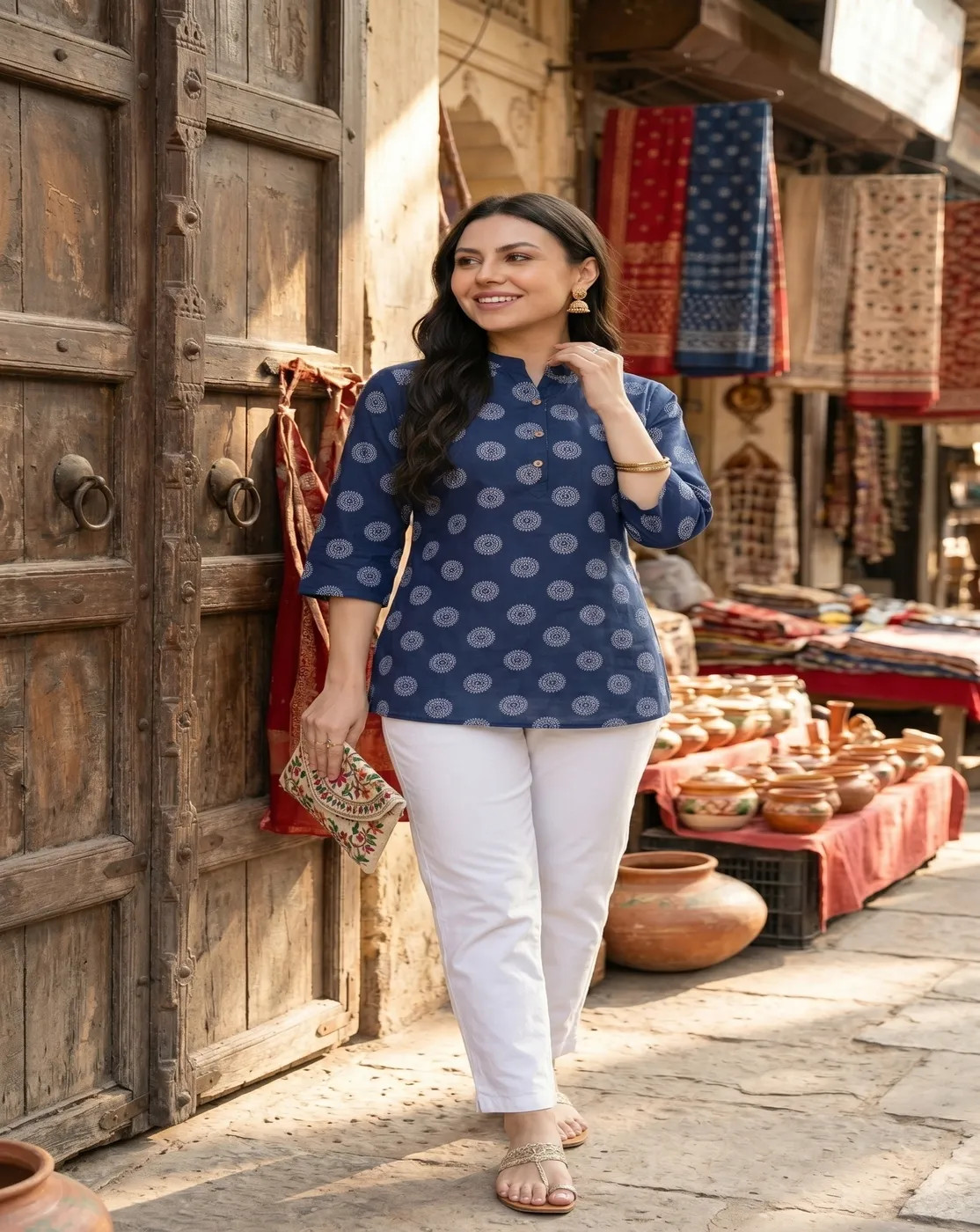 dark blue motif printed kurti top