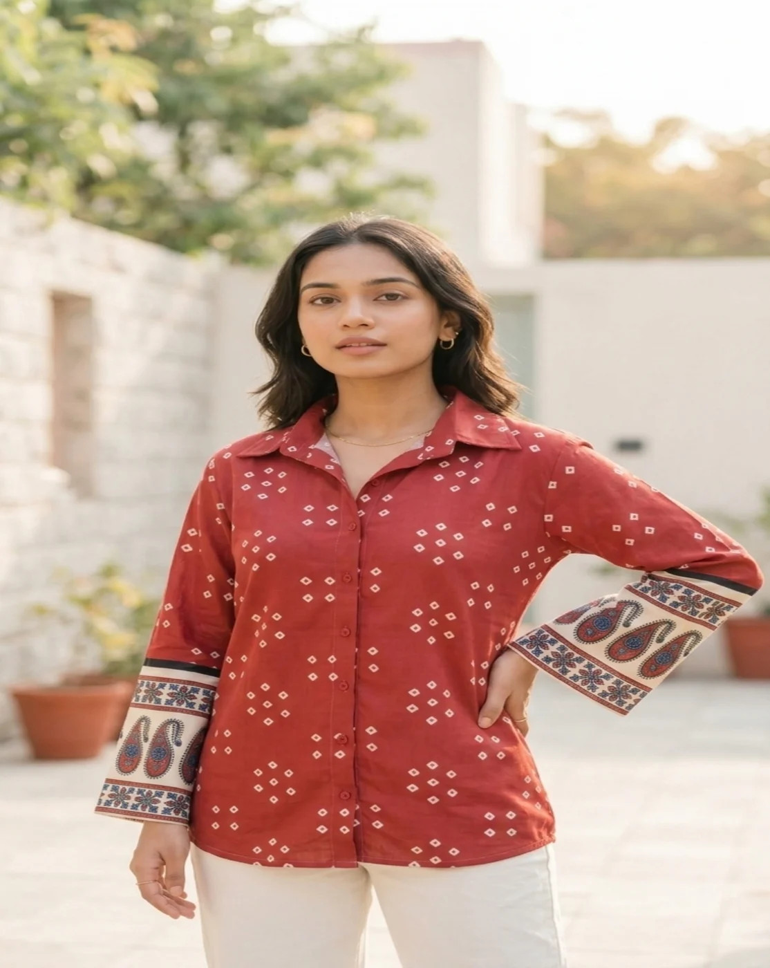 red printed shirt