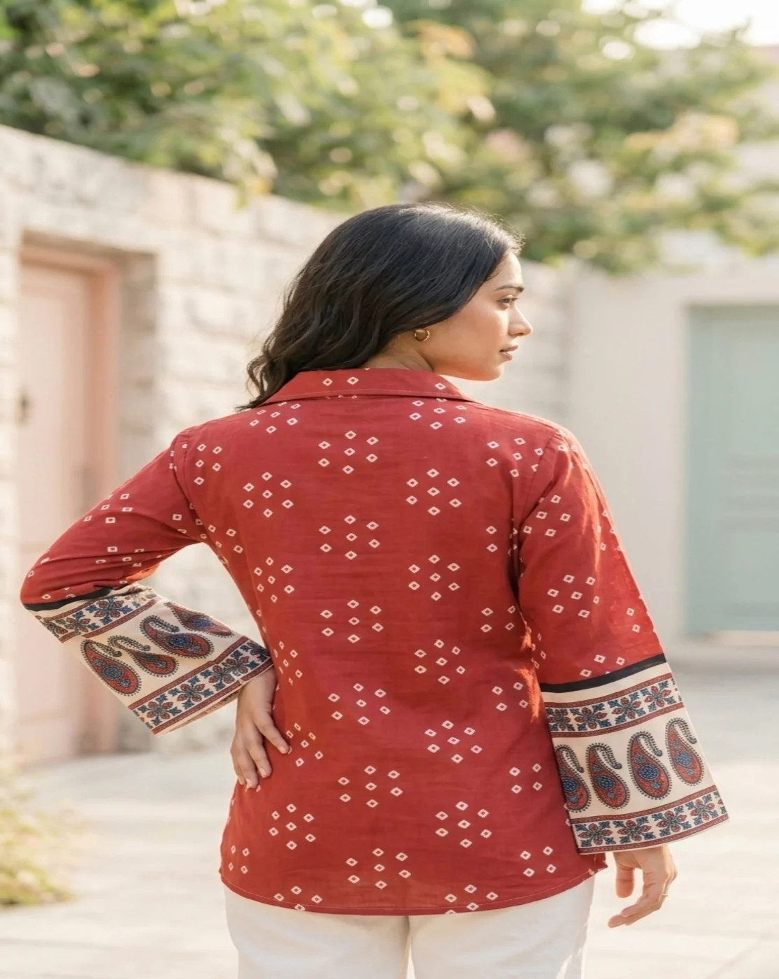 red printed shirt