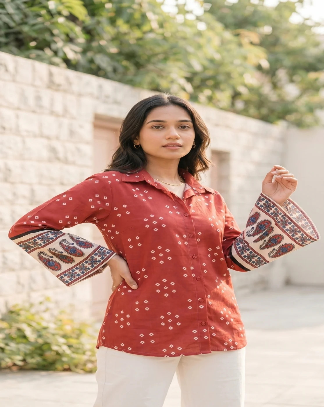red printed shirt