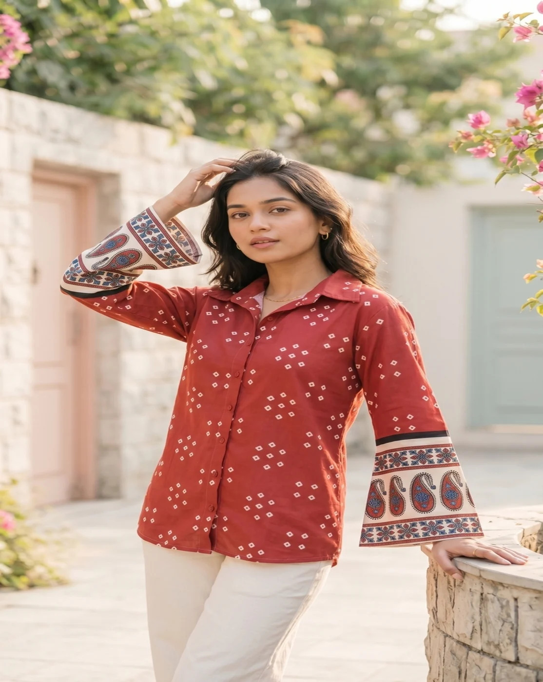 red printed shirt