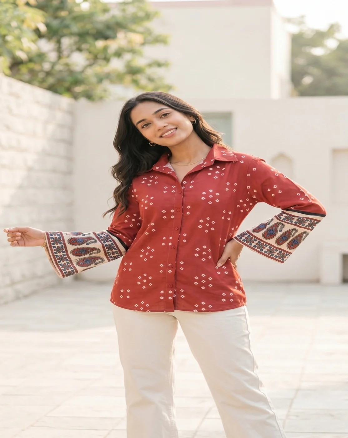red printed shirt