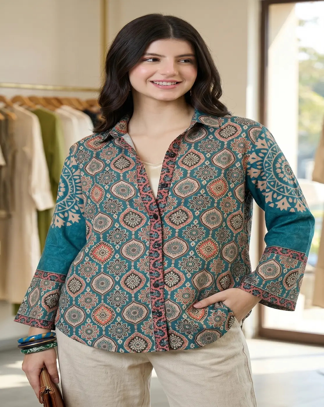 teal bloom printed shirt