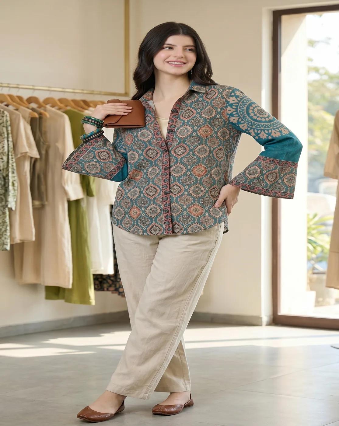 teal bloom printed shirt