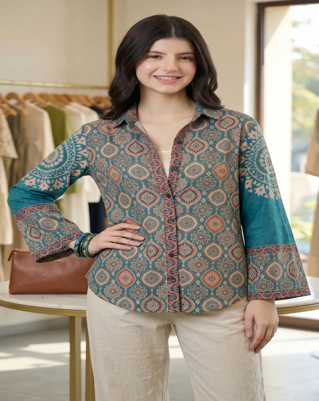 teal bloom printed shirt