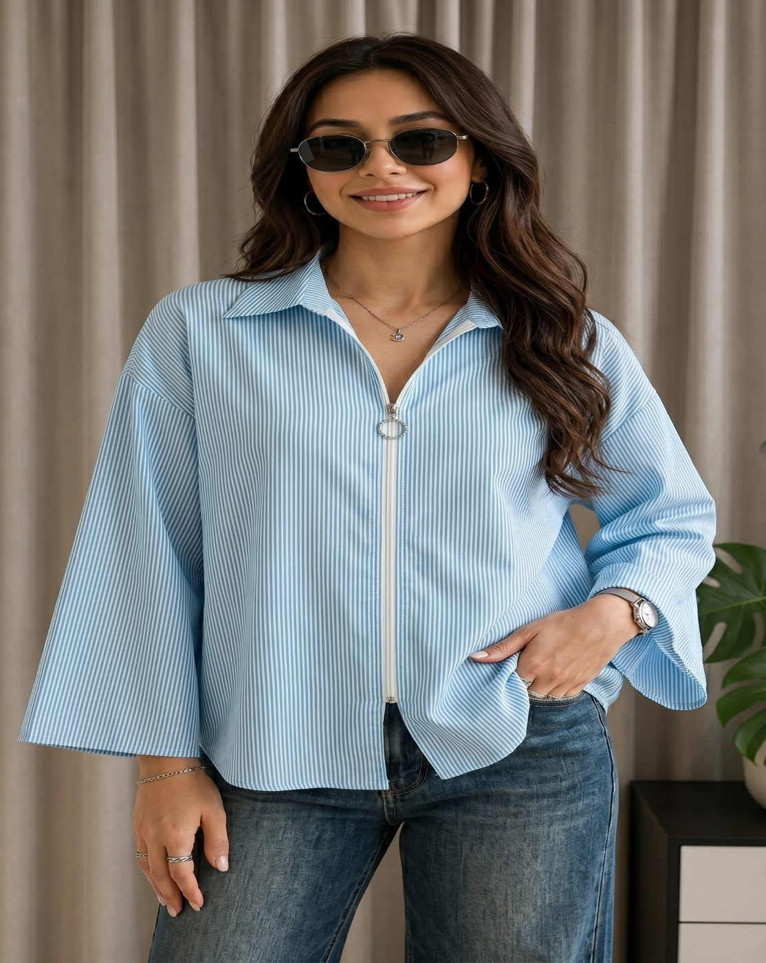 women stripe zipper shirt (blue)