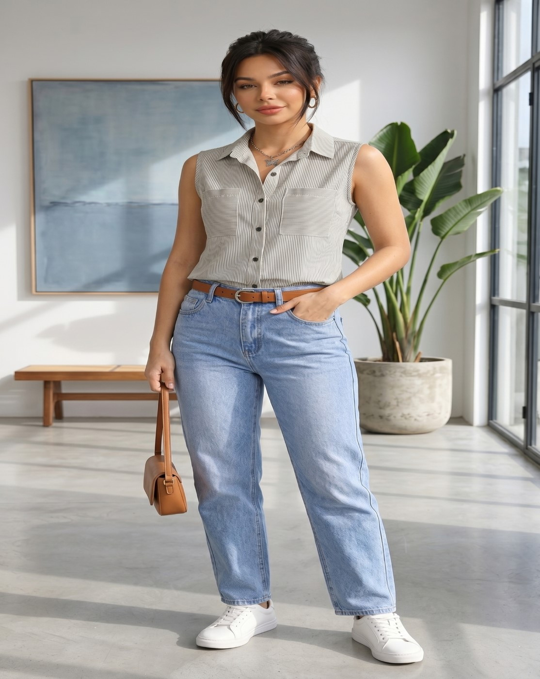 women sleeveless dubble pocket shirt (beige)