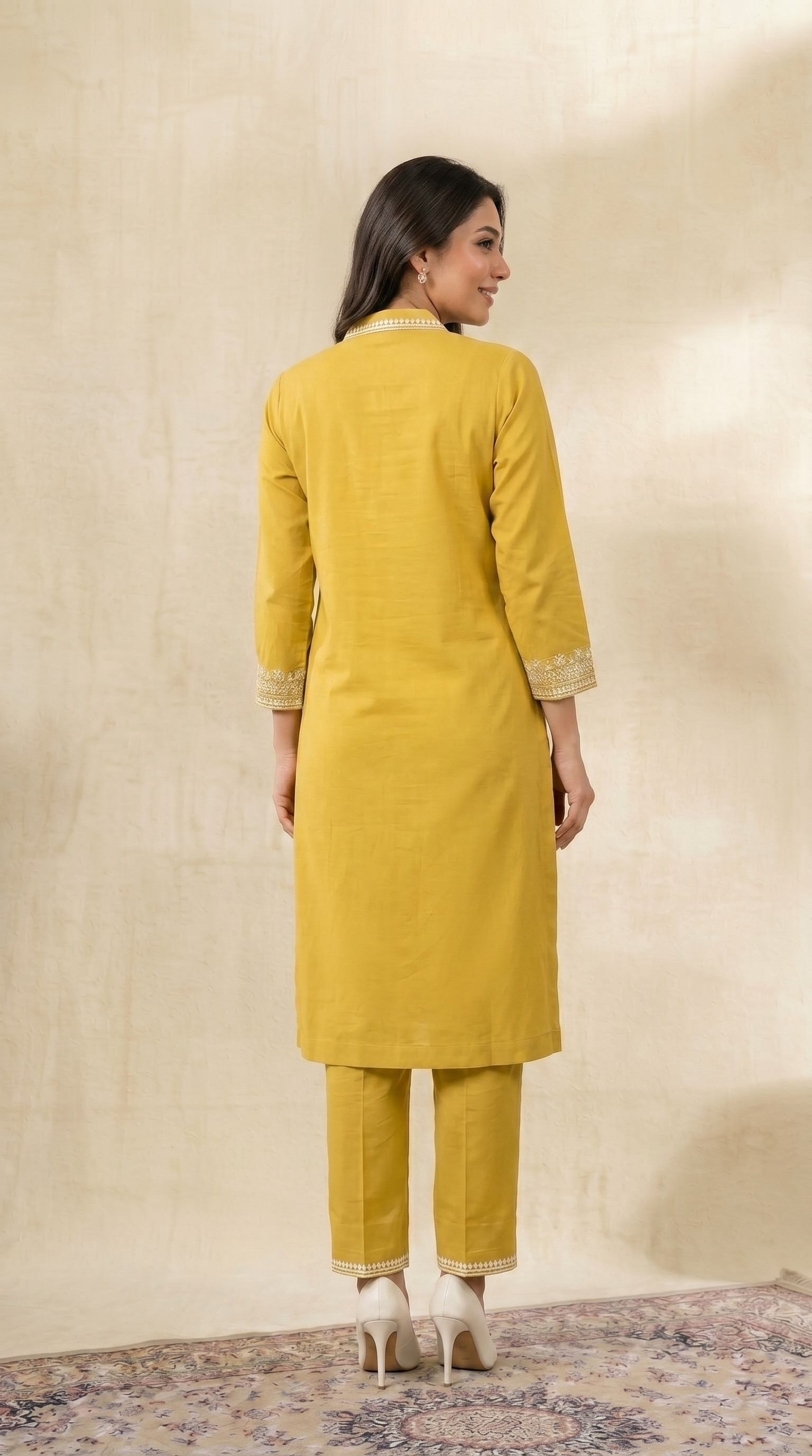 Mustard Embroidered Kurta Pant Set