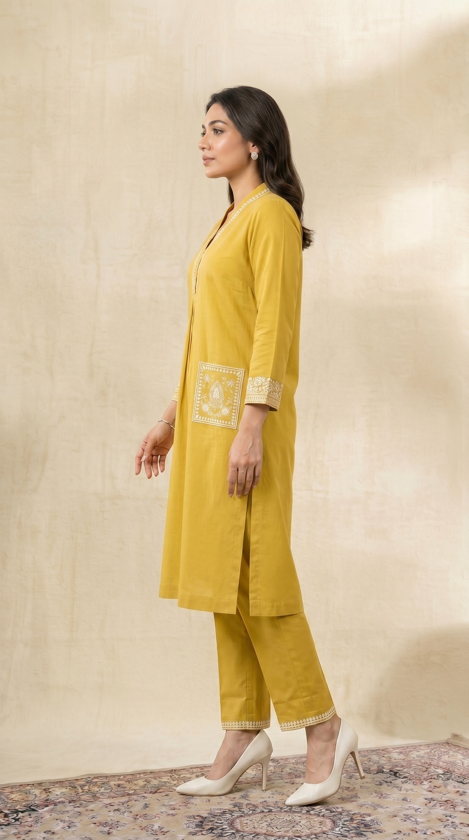 Mustard Embroidered Kurta Pant Set