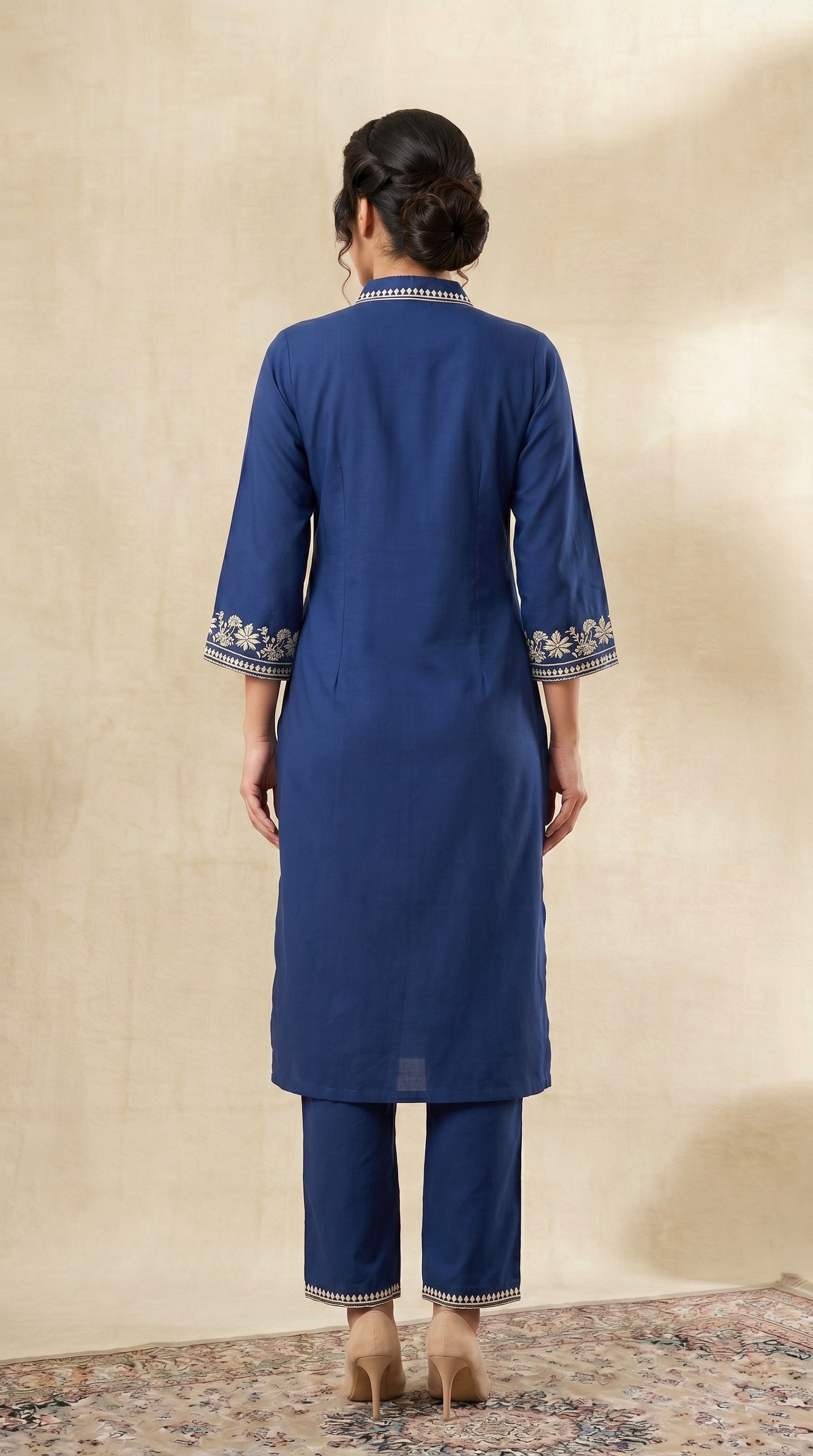 women Navy Blue Embroidered Kurta Pant Set