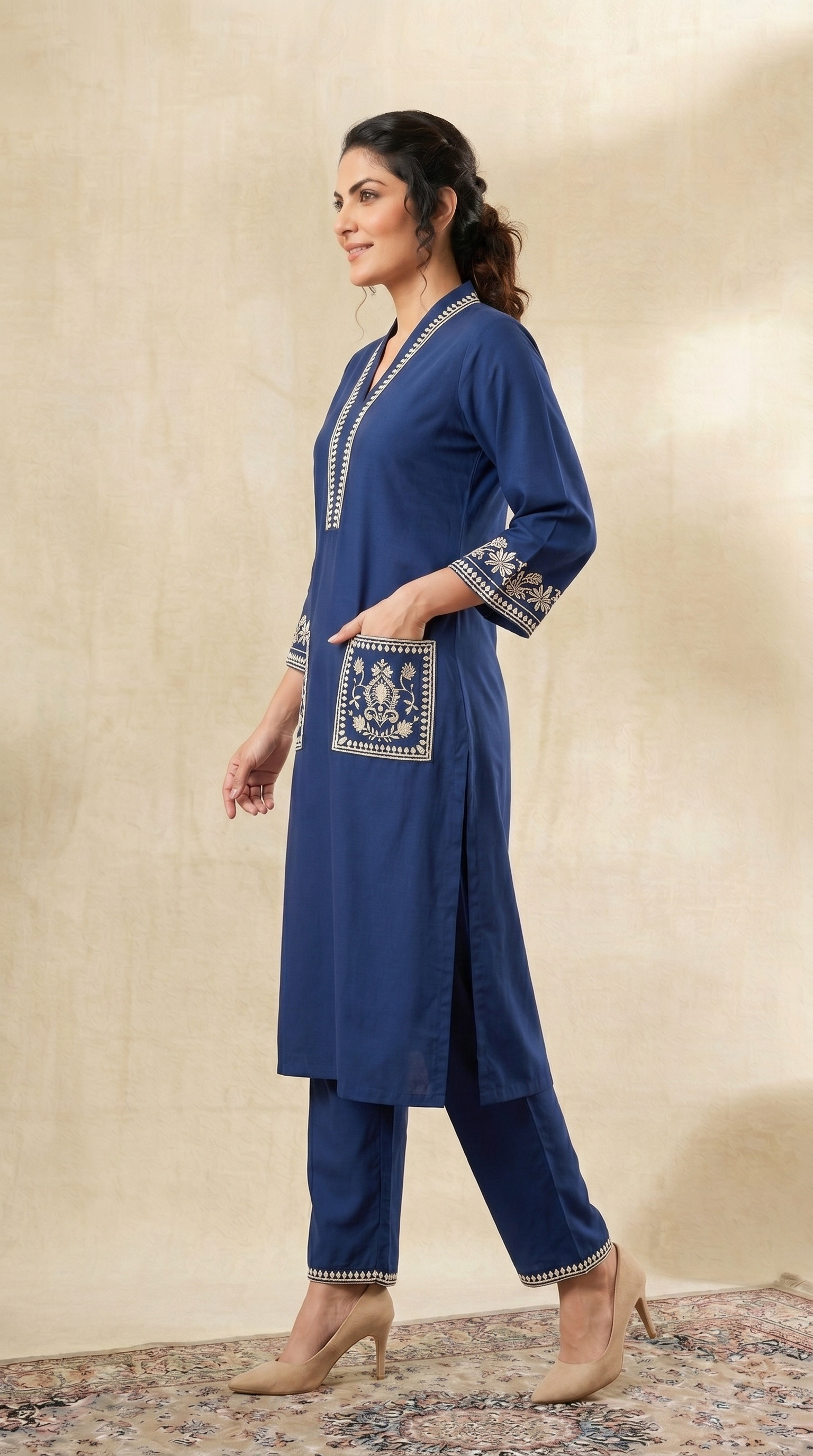 women Navy Blue Embroidered Kurta Pant Set