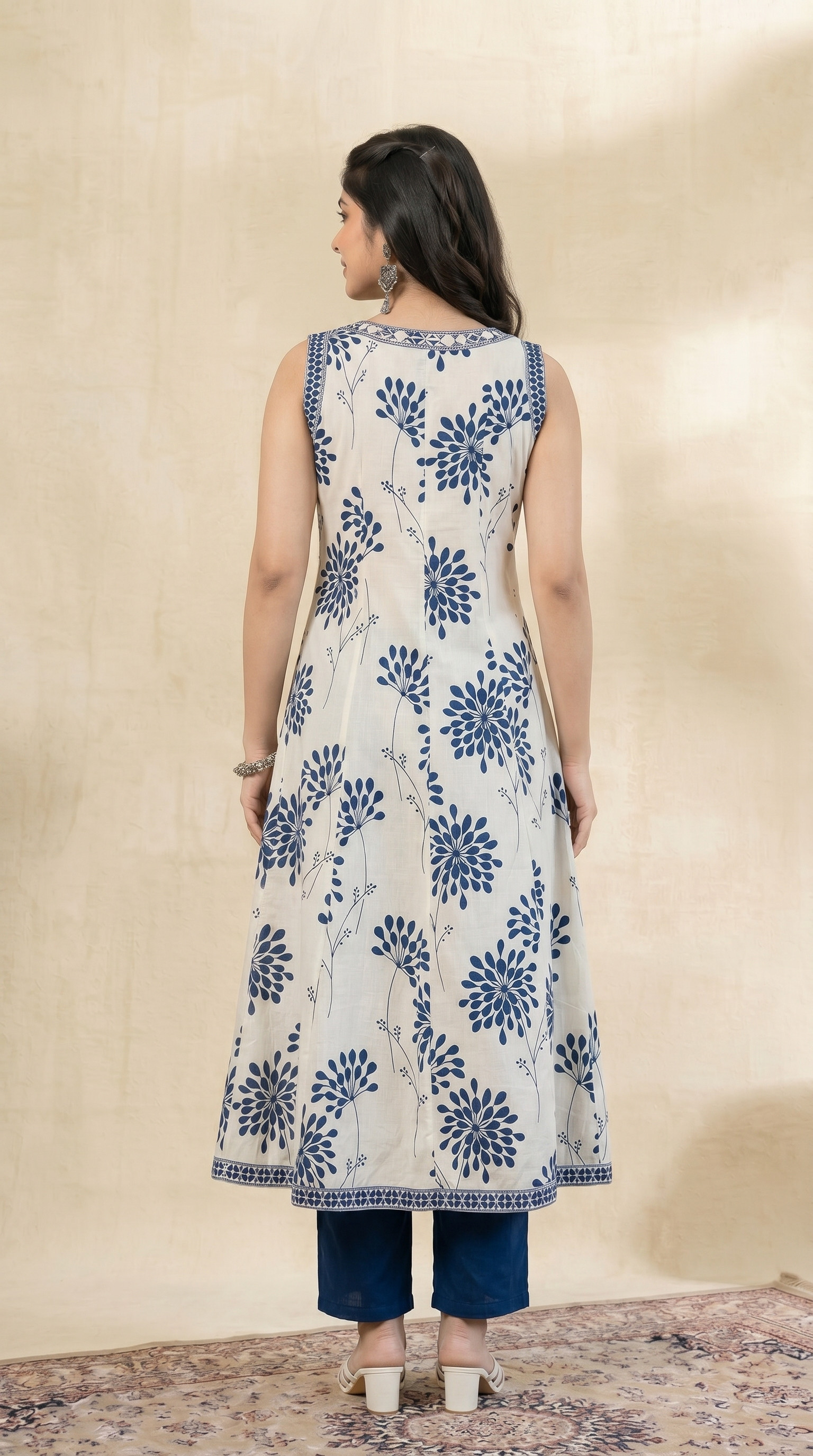 women Off White Blue Floral Printed A-Line Kurta Pant Set