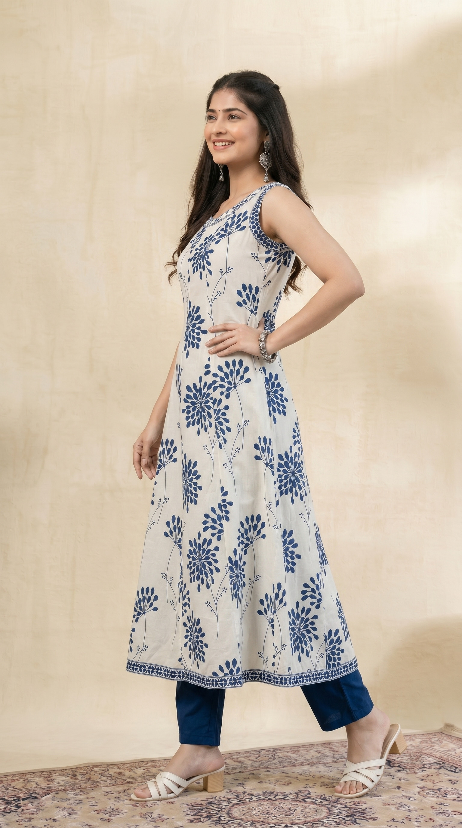 women Off White Blue Floral Printed A-Line Kurta Pant Set
