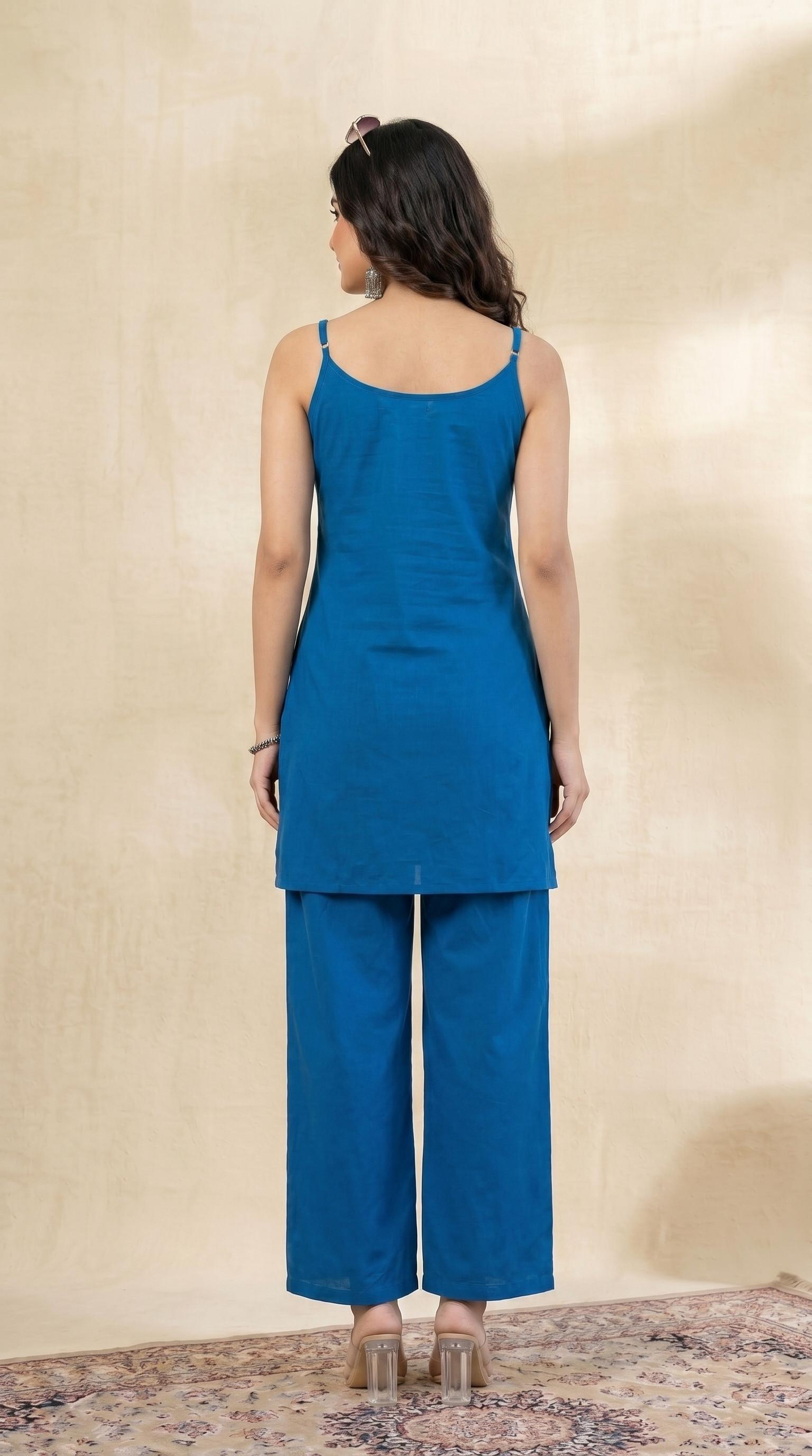 women royal blue embroidered sleeveless co ord set