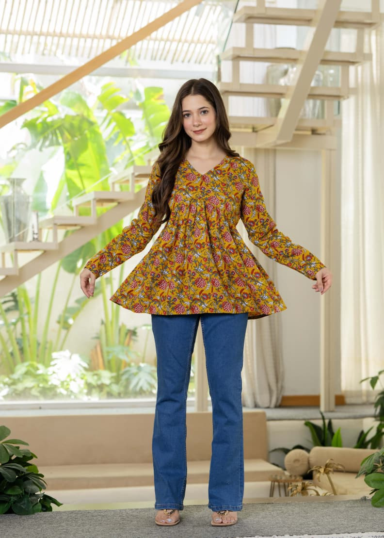women mustard floral printed peplum top