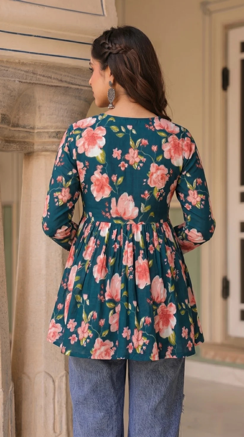 women-teal-floral-printed-peplum-top