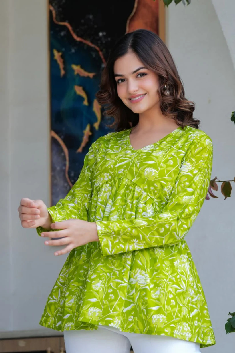 women-lime-green-floral-printed-peplum-top