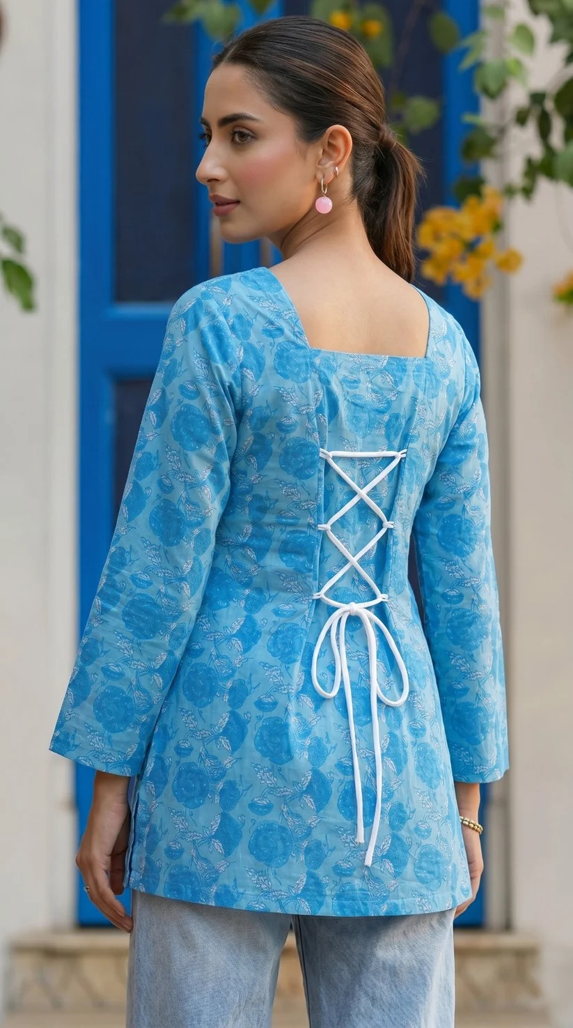 women sky blue corset back kurti