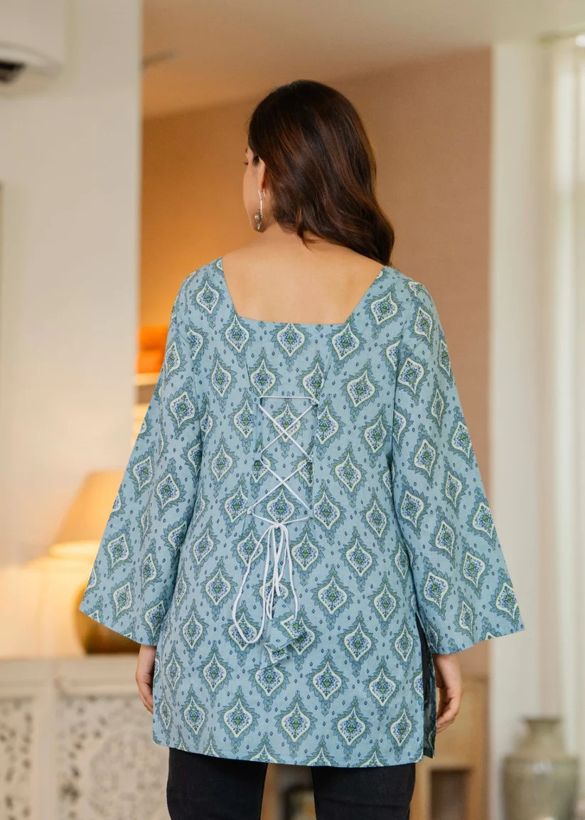 women sea green printed lace back tunic top